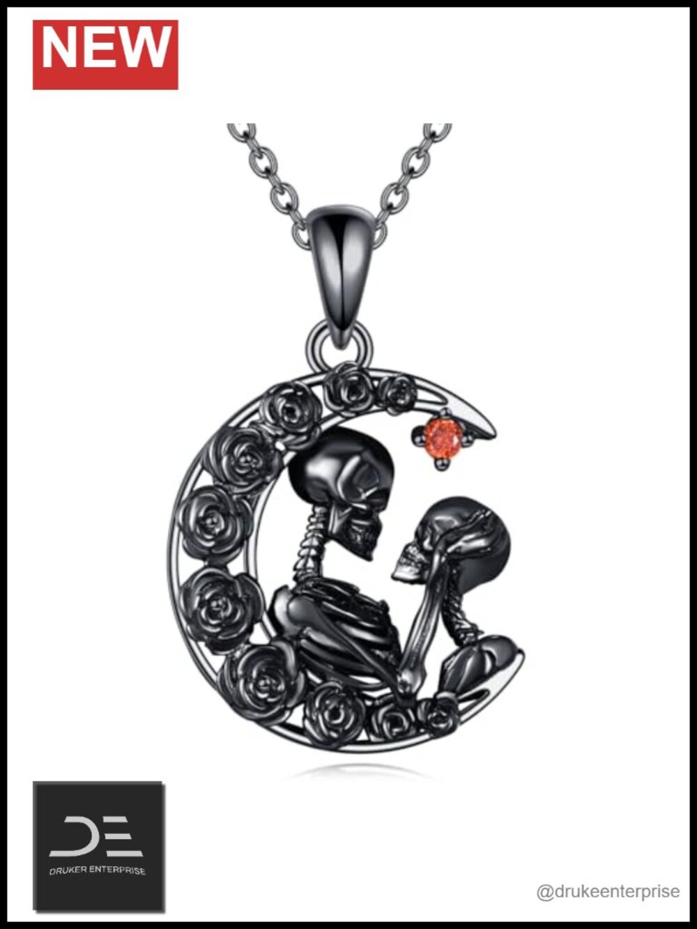 925 Sterling Silver Gothic Skeleton Couple Skull Pendant Necklace